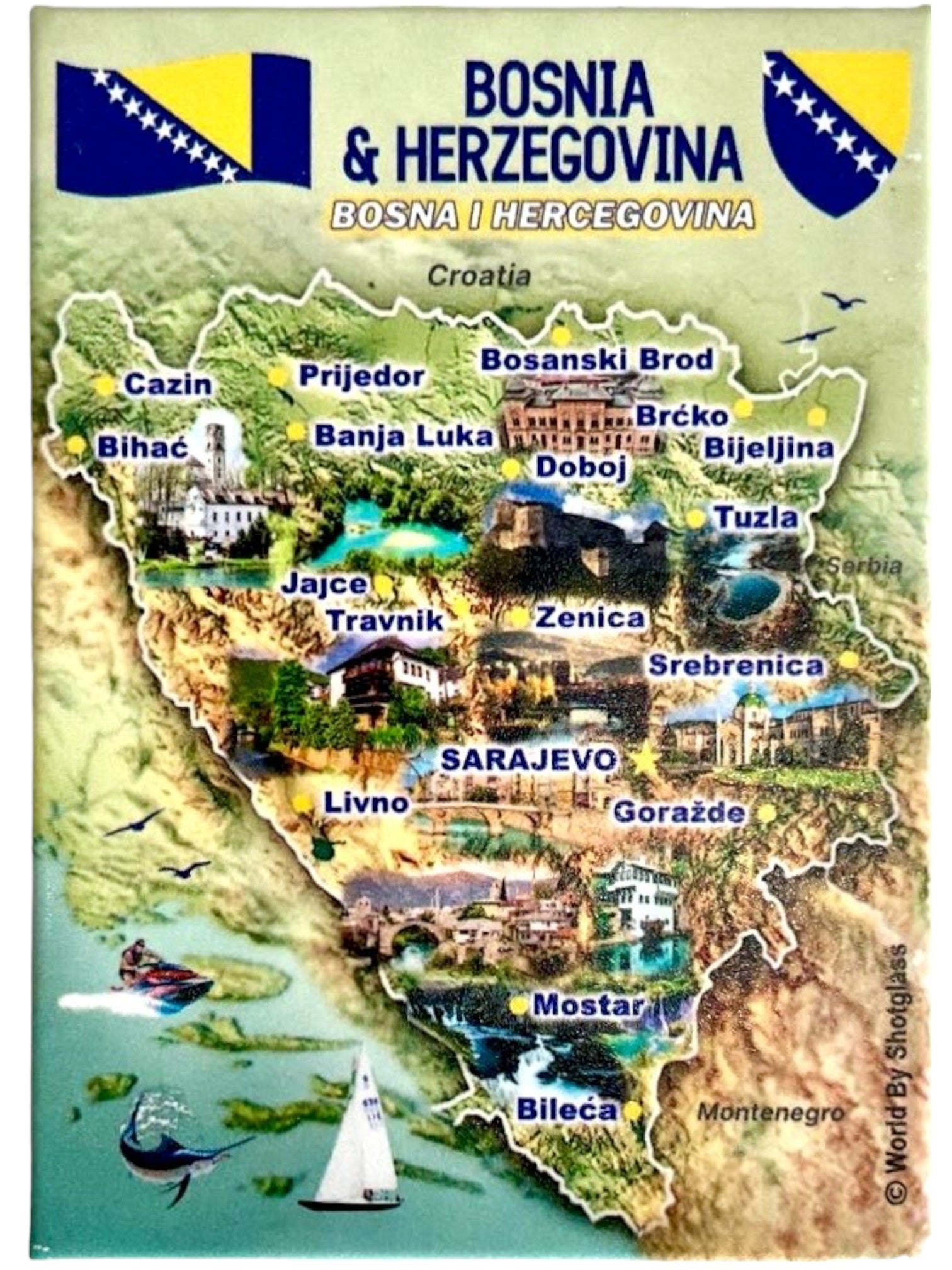 Bosnia & Herzegovina Graphic Map and Attractions Souvenir Fridge Magnet 2.5 X 3.5